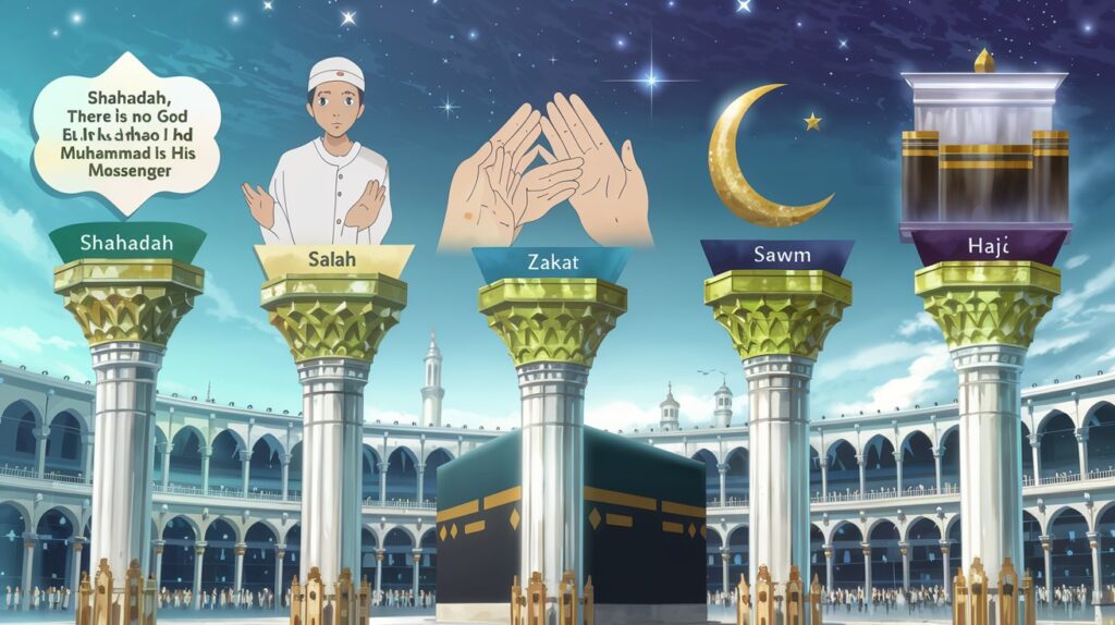 A well-designed infographic showing the Five Pillars of Islam with simple icons and descriptions.