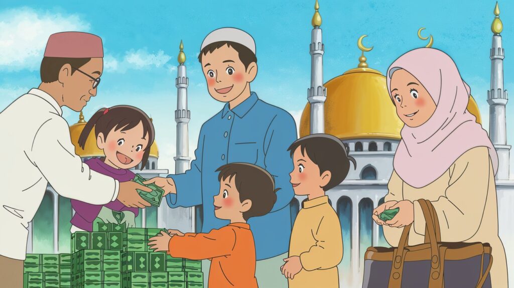 Muslim family happily giving Zakat to those in need, with a mosque in the background representing faith and charity in Islam.