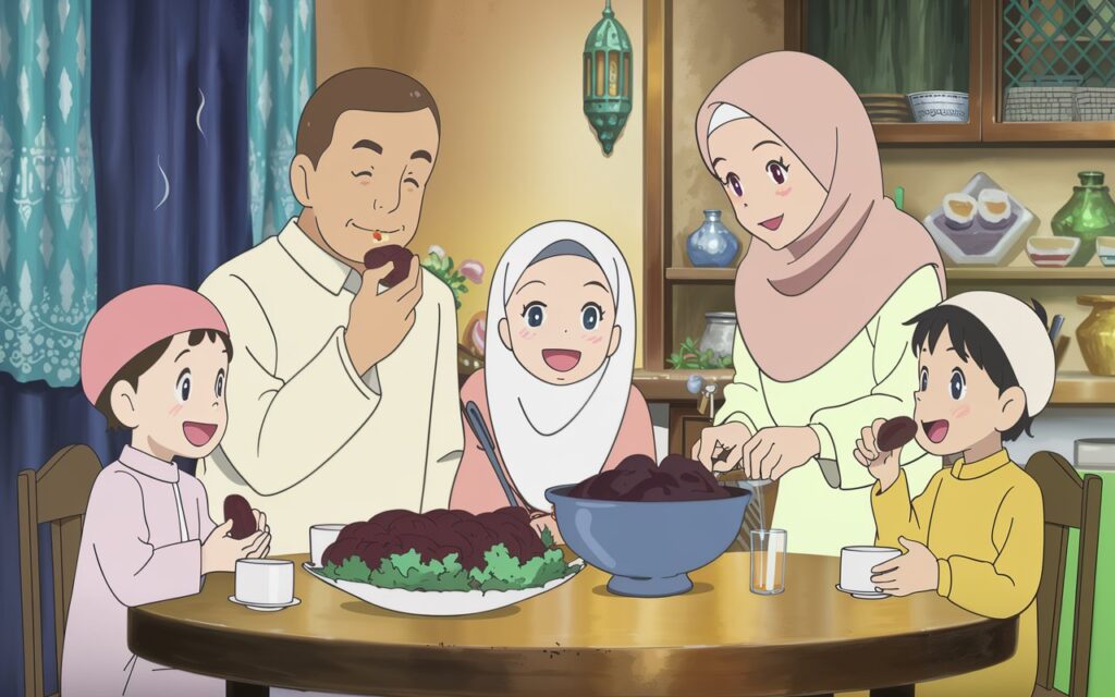 A Muslim family joyfully gathered around the table at iftar, with a child happily breaking their fast with a date, symbolizing togetherness and gratitude. as the family teaching kids to fast