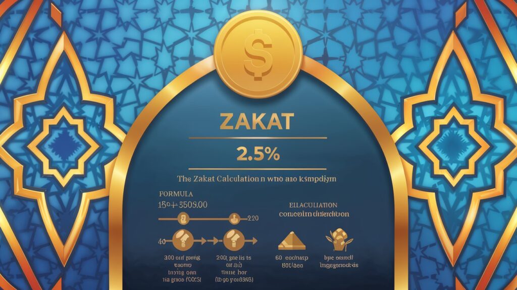 Step-by-step Zakat calculation guide with a 2.5% formula, gold coin icon, and an example to help Muslims determine their Zakat obligation.