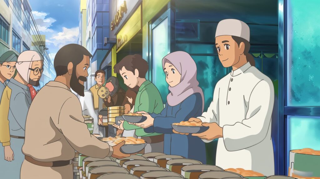 A group of volunteers distributing food to the poor, representing the concept of Sadaqah Jariyah (continuous charity). The warm and uplifting atmosphere emphasizes the blessings of giving in Islam.