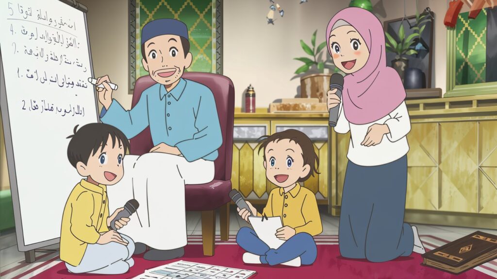  Illustration of a happy Muslim family playing a quiz game together