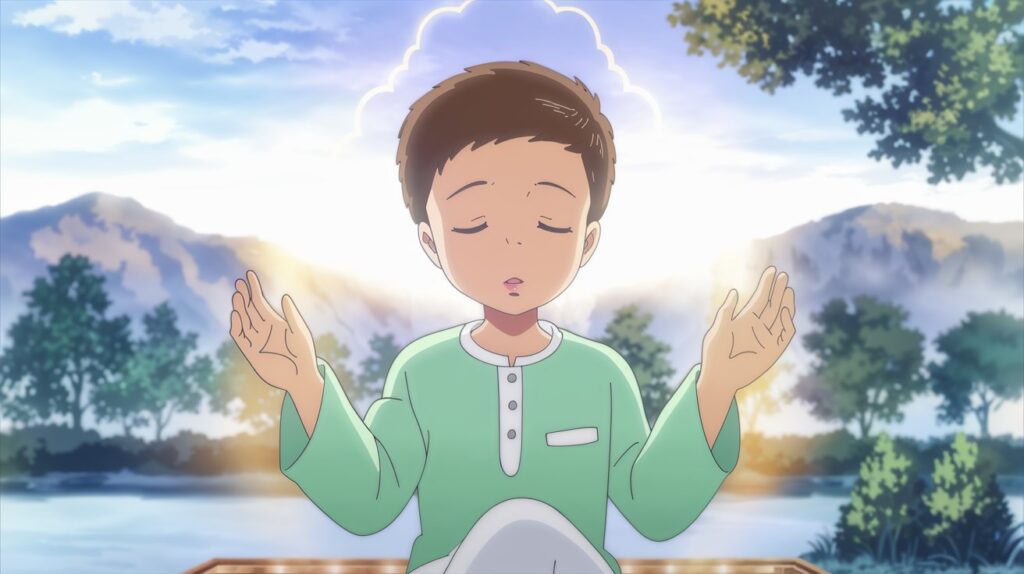 A peaceful, serene background of a Muslim boy raising hands in dua with soft golden light around him, symbolizing hope and healing.