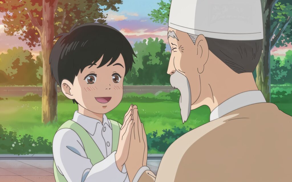  A smiling Muslim child greeting an elder with Salaam in a park, with a gentle sunset in the background. 