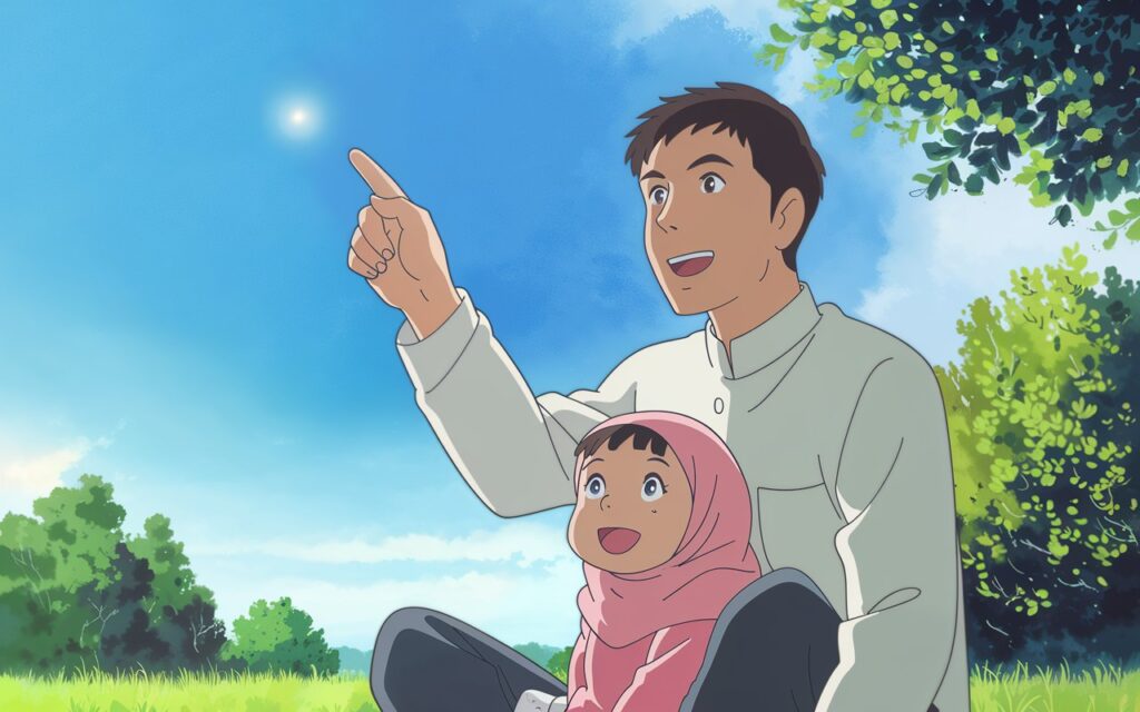 A father and his young daughter sitting in a garden, pointing at the sky as they discuss the beauty of Allah’s creation. The little girl looks amazed as she listens, symbolizing the importance of teaching Tawheed through nature.