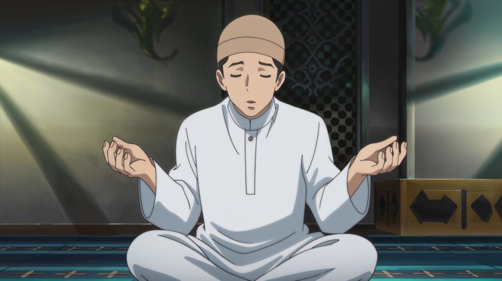 A Muslim man sitting in prayer with hands raised in supplication, seeking Allah’s protection and peace.