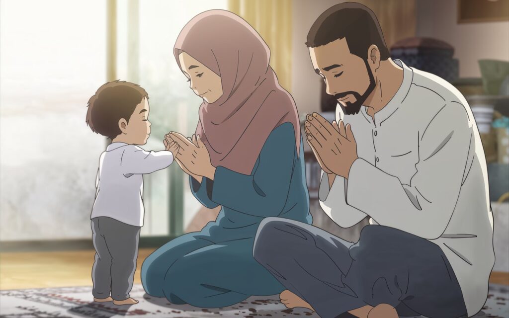 A Muslim mother and father praying together at home to Raising children with Taqwa, with their young child imitating their actions beside them. The room has a peaceful and spiritual atmosphere, reflecting the importance of leading by example in Islamic parenting.