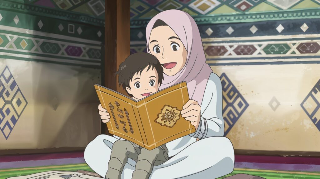 A parent reading a Sunnah-based story to their child with an animated expression, making the learning process engaging and interactive.