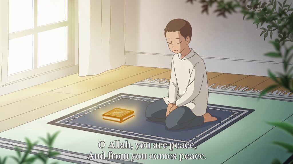 A serene image of a person sitting in peaceful reflection after Salah. The background features a softly lit prayer mat with a glowing misbaha (prayer beads) placed neatly on it. The setting has a warm and tranquil tone, with soft sunlight streaming through a window