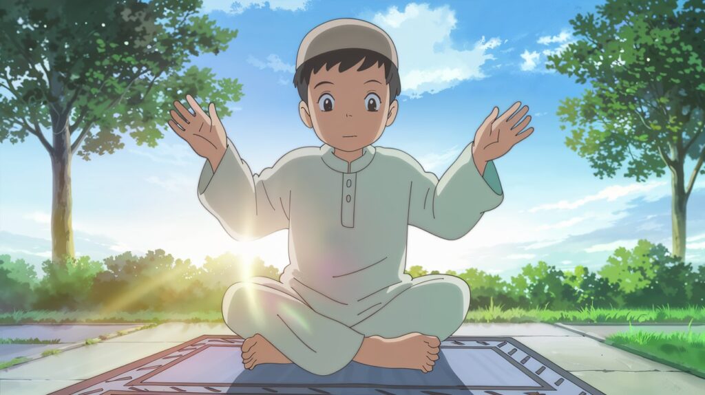 A young Muslim child sitting on a prayer mat at sunrise, hands raised in dua, practicing the Sunnah of starting the day with Fajr prayer and morning supplications.