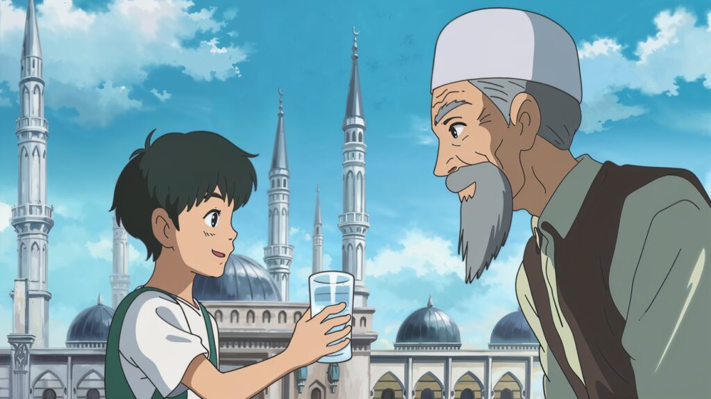 A young Muslim boy offering a glass of water to an elderly man, symbolizing kindness and generosity in Islam. The background features a mosque, highlighting the importance of charity in the Muslim community.