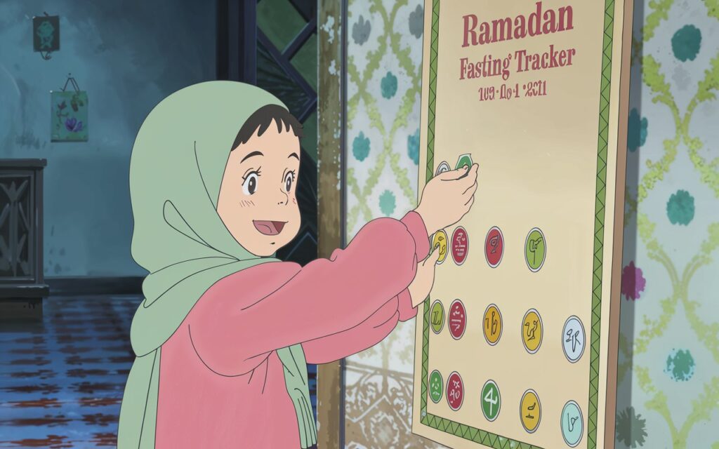 A young Muslim child excitedly placing a sticker on a Ramadan fasting tracker chart, marking their progress with a big smile.