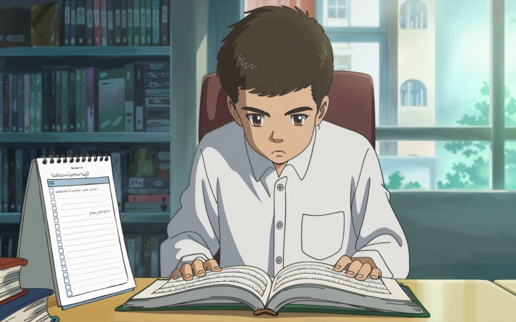 A young Muslim student sitting at a desk, reading the Quran with focus, using a memorization planner beside them.