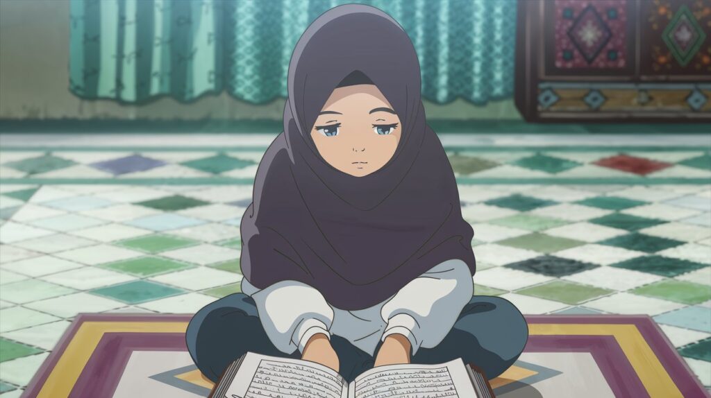 A young Muslim girl holding a Quran and reading with a focused expression, symbolizing the importance of regular Quran reading.