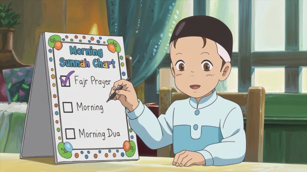 A colorful Morning Sunnah Chart with checkboxes for Fajr prayer and morning duas, with a child marking their progress to build an Islamic morning routine.