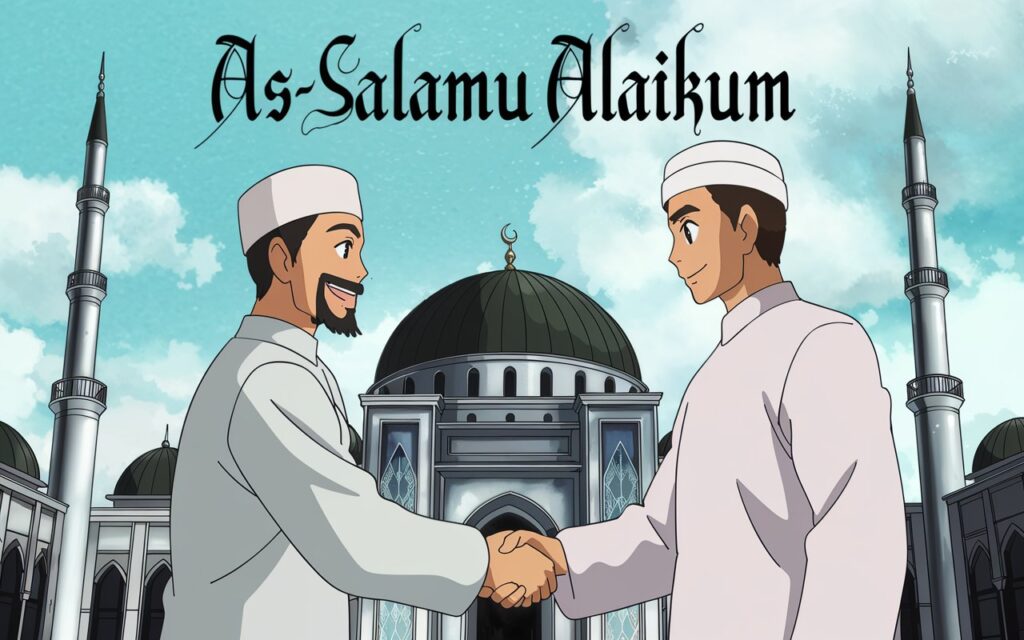 A warm handshake between two Muslim men in a mosque, with "As-Salamu Alaikum" written in elegant calligraphy.