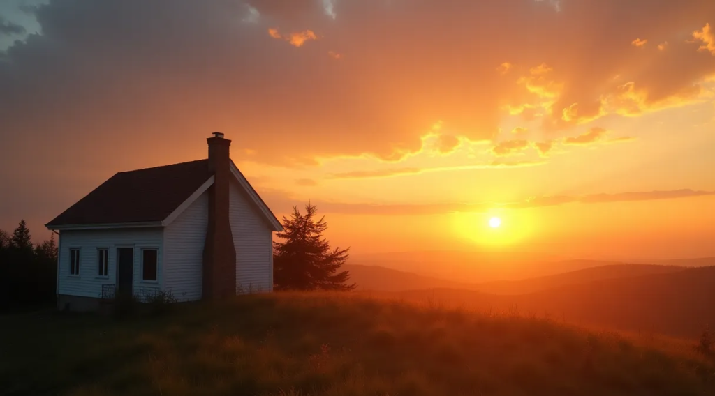 A peaceful home at sunset, representing divine protection through daily supplications, Continuous rewards in Islam, emphasizing safety and tranquility in Islamic practices.
