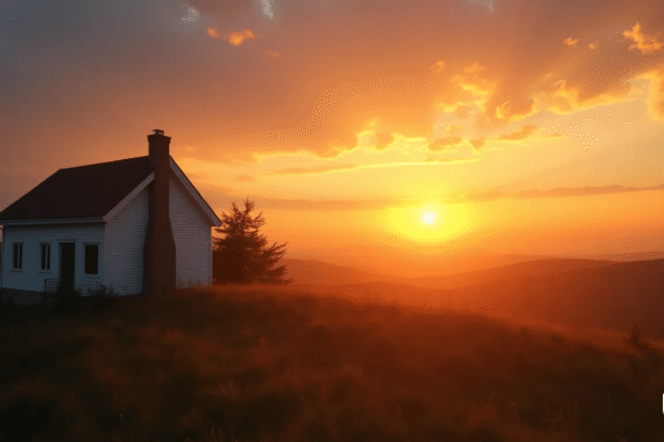 A serene sunset over a peaceful home, symbolizi…