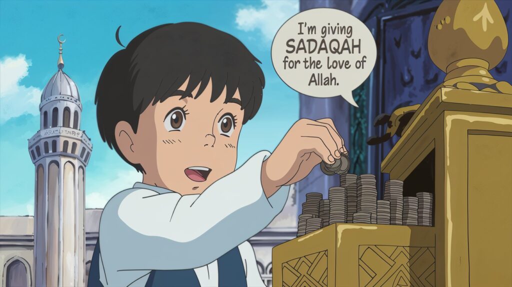 A cheerful Muslim child placing coins into a sadaqah (charity) box, symbolizing the value of giving charity and helping others as one means of 7 deeds to earn a house in Jannah.