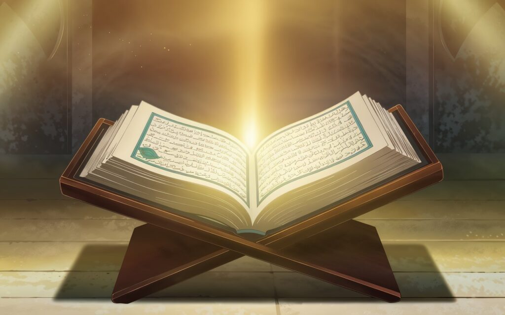 A Quran resting on a wooden stand with a glowing light around it, representing the importance of protecting one’s Iman from Actions that weaken Iman through knowledge and faith.