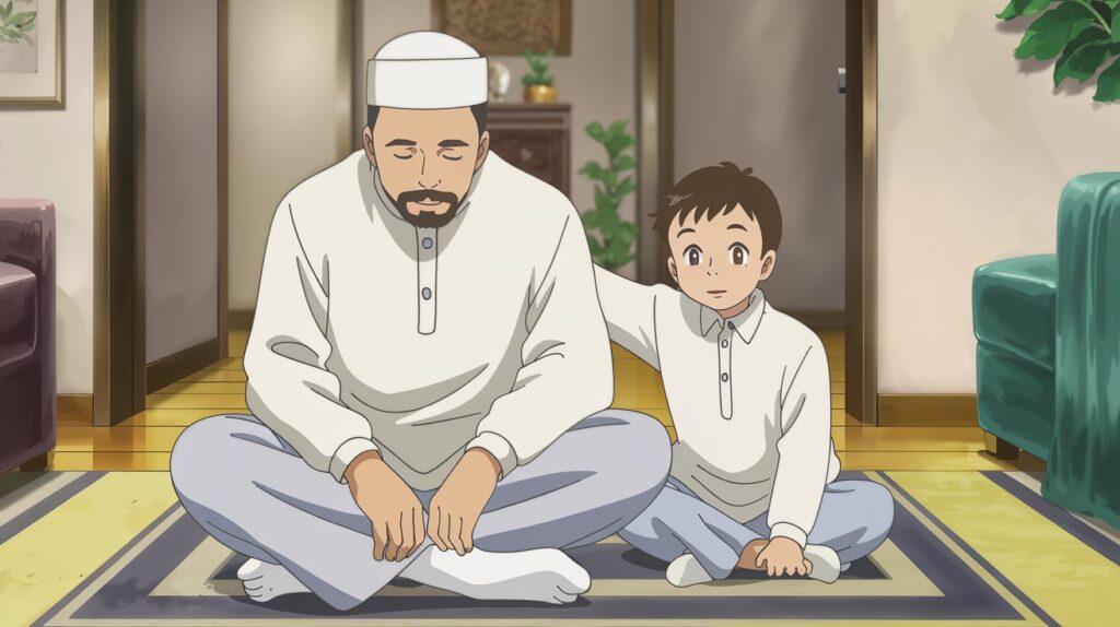 A Muslim father and his young son praying together on a prayer mat in a bright, peaceful living room. The father is guiding his child in prayer, representing the importance of Sunnah prayers as one of 7 deeds in earning a house in Jannah