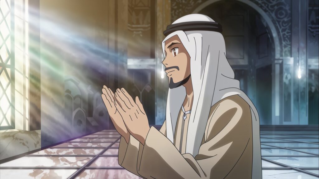 A person making du’a inside a mosque with hands raised, sunlight streaming through the window, representing the impact of strong Aqidah on daily worship