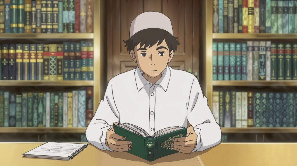 A young Muslim man reading the Quran at a desk with a notebook beside him. The background features Islamic bookshelves, symbolizing the importance of studying Aqidah.