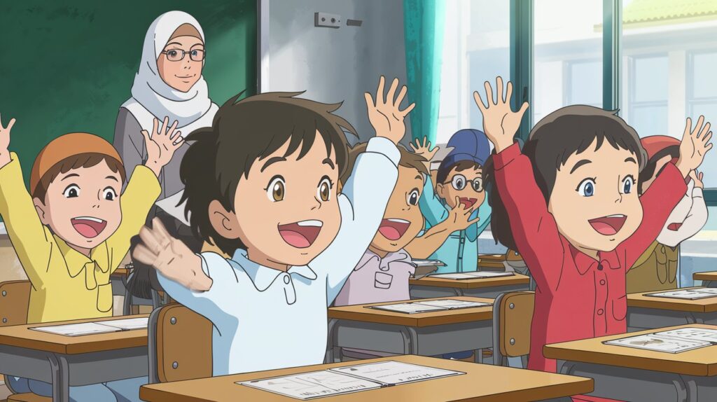 A group of children actively participating in a fun and interactive class to teach kids Quran, showing enthusiasm and joy in a classroom setting.