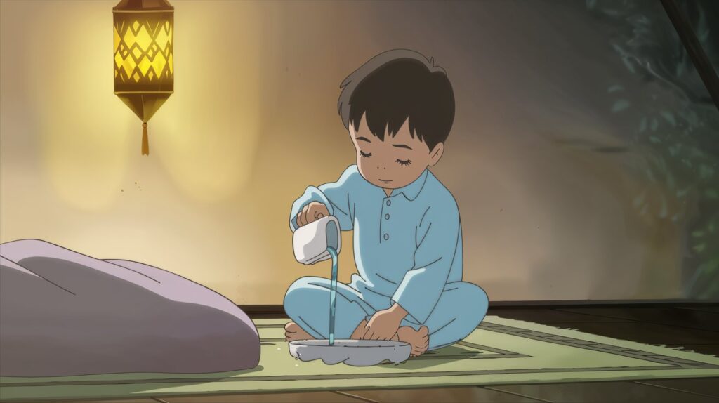A young Muslim child performing Wudu before bed, following the Sunnah of Sleeping, in a peaceful, softly lit bathroom.