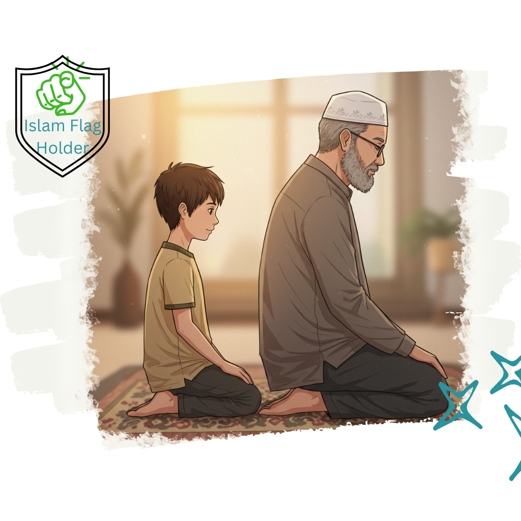 a kid praying with his father with a overlay text you're the islam flag holder