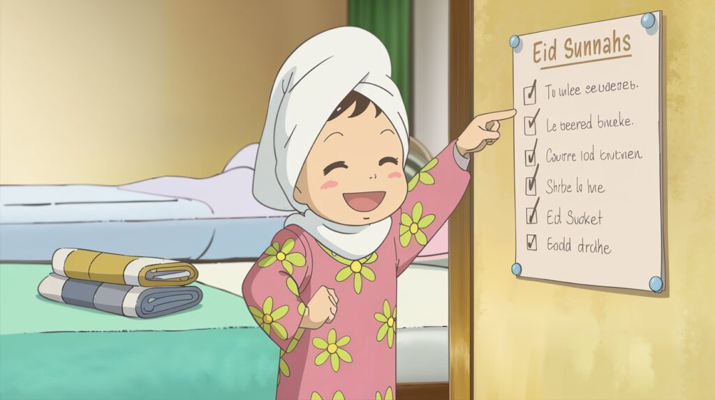 Muslim girl following Eid Sunnah for kids by preparing for ghusl and checking her Eid morning checklist.