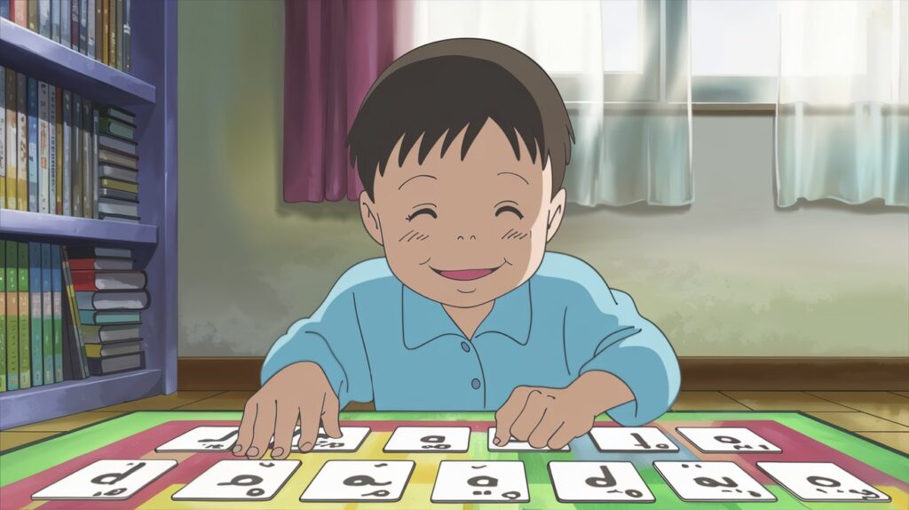 Child learning Arabic letters through games at home — Fus-ha based education.