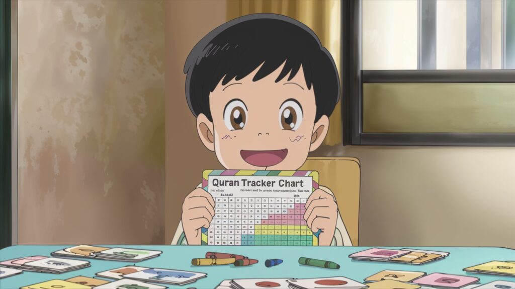 Child learning Quran with gamified memorization tools and joy.