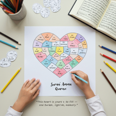 colored heart with juzz ammah surahs names