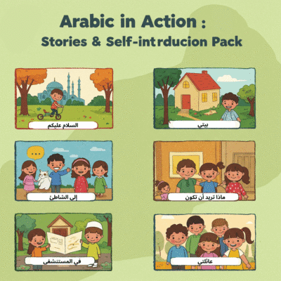 Arabic learning video pack for kids – 6 engaging videos with Arabic stories and self-introduction practice.