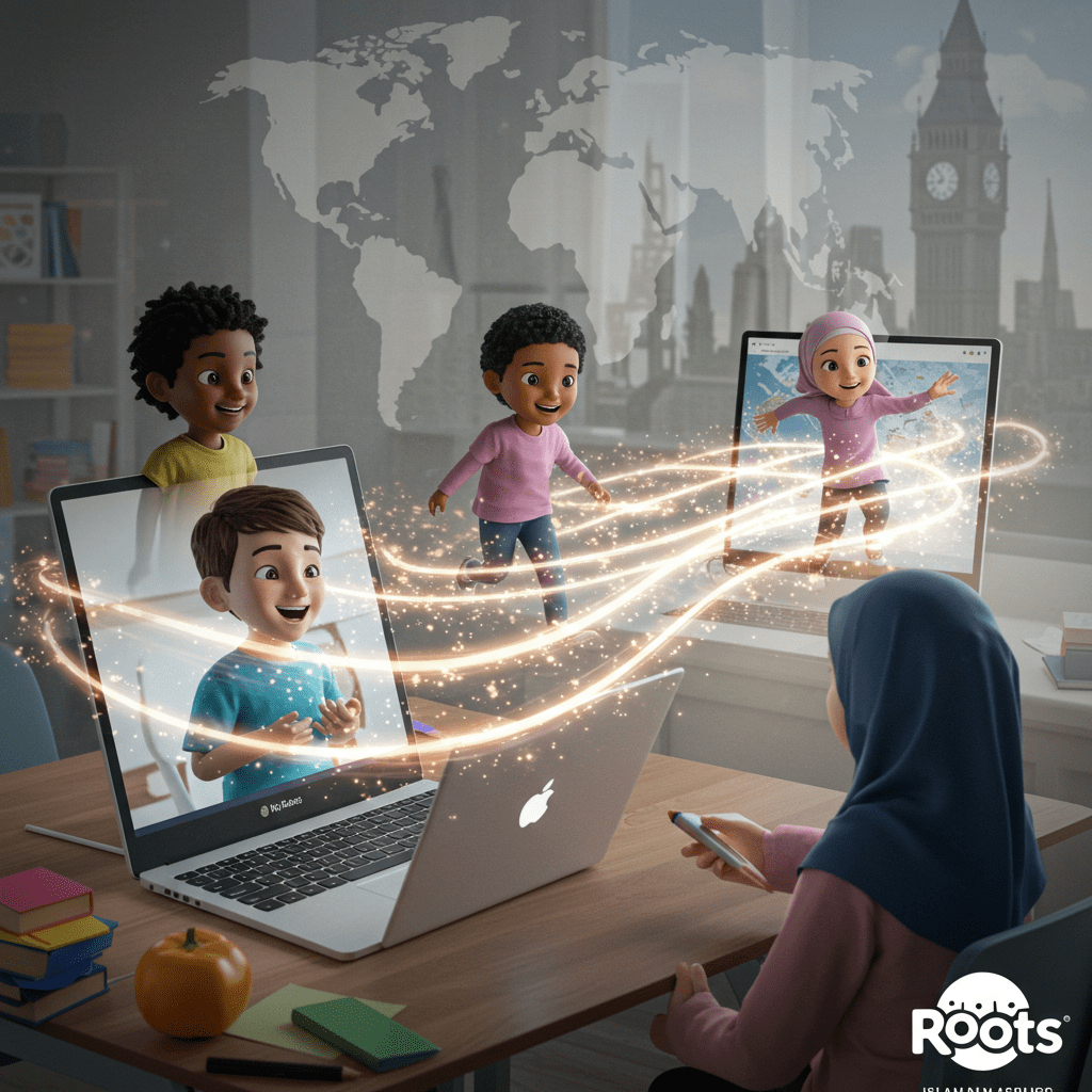 Muslim children stepping out of screens into a shared classroom with a welcoming teacher.