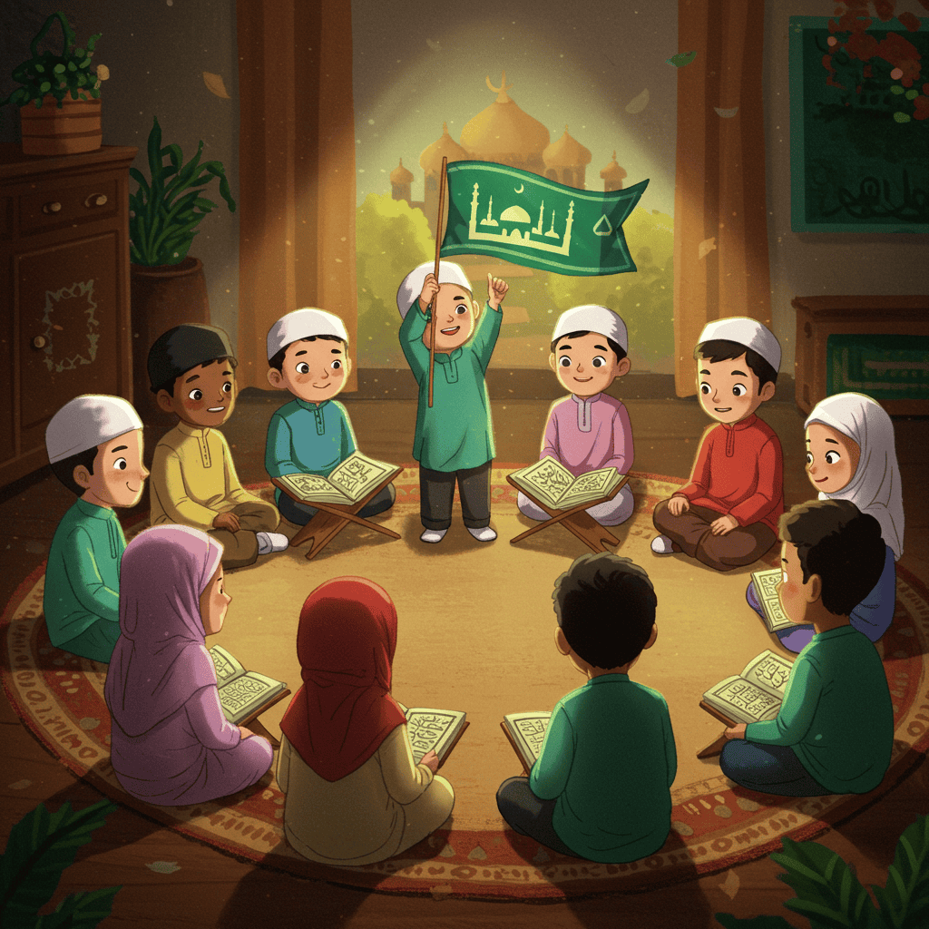 “Diverse Muslim children learning Quran together, one holding a symbolic Islam scroll — concept of the next generation carrying the message of Islam.”