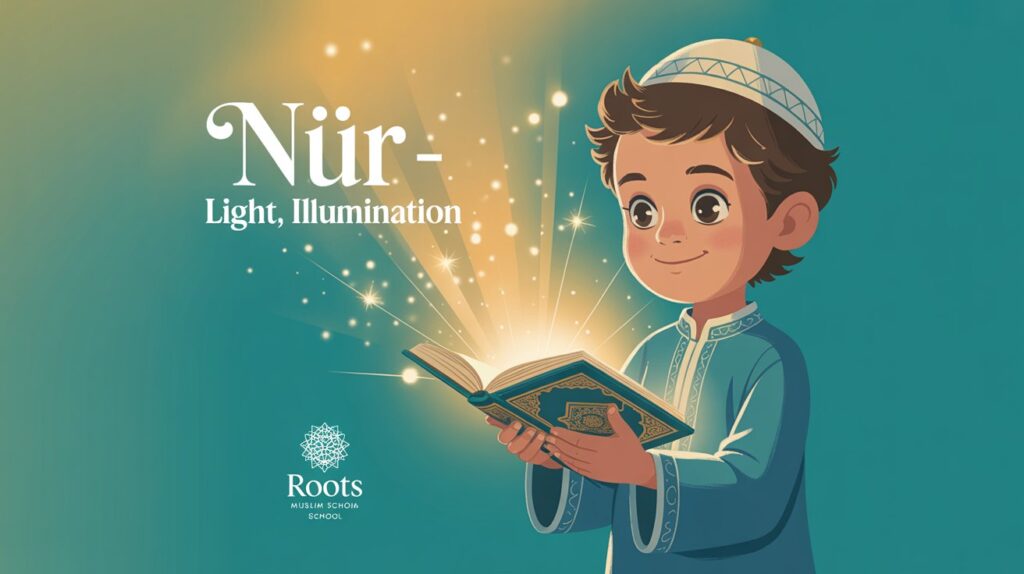 Child reading the Qur’an with a soft glowing light emerging from the pages, representing Allah’s guidance as light in the heart.