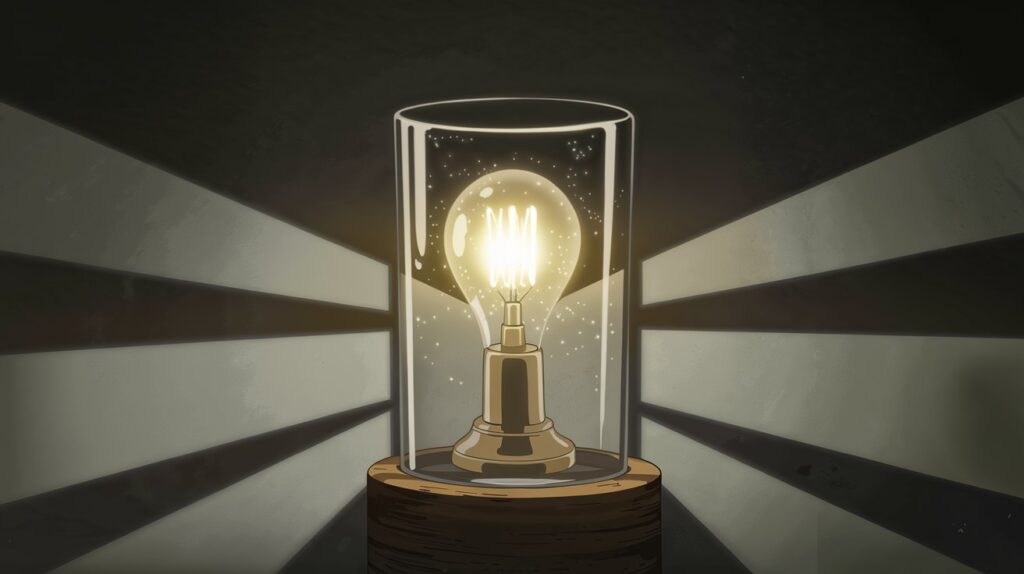 Illustration of a glowing lamp inside a crystal-clear glass radiating light in darkness, symbolizing Ayat an-Nur 24:35 about Allah’s Light.
