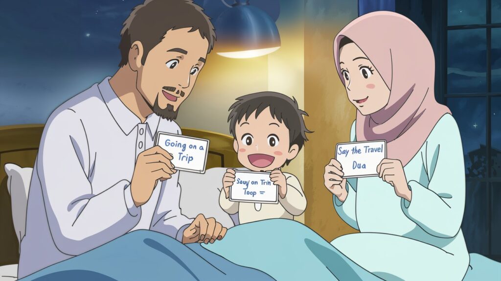 Parents teaching Sunnahs for kids at bedtime using colorful matching game cards in a warm, cozy family setting.