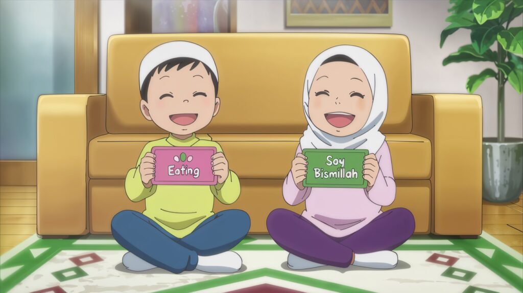 Two Muslim children playing the “What’s the Sunnah?” matching game, learning 5 Sunnahs for kids in a fun and interactive way.