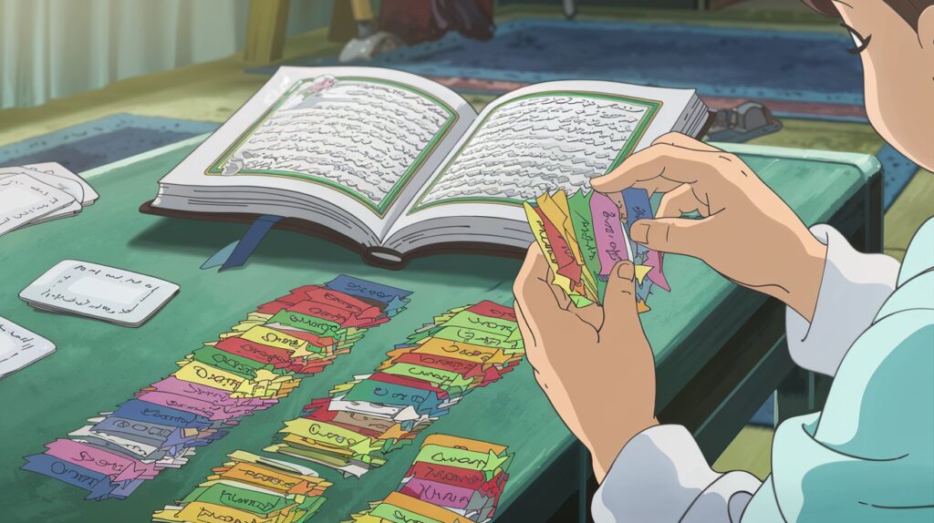 Child arranging colorful reward badges used in Quran learning for kids, with an open Quran and flashcards in the background.