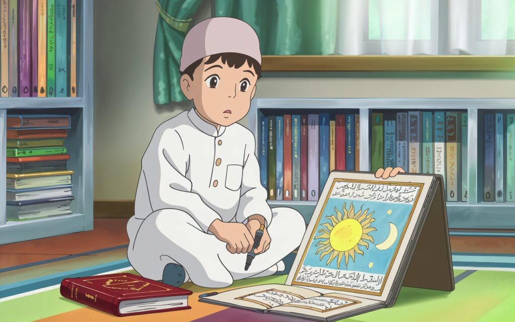 A child practicing Quran memorization for non-native Arabic speakers by drawing a visual scene of an ayah, showing how understanding supports retention.