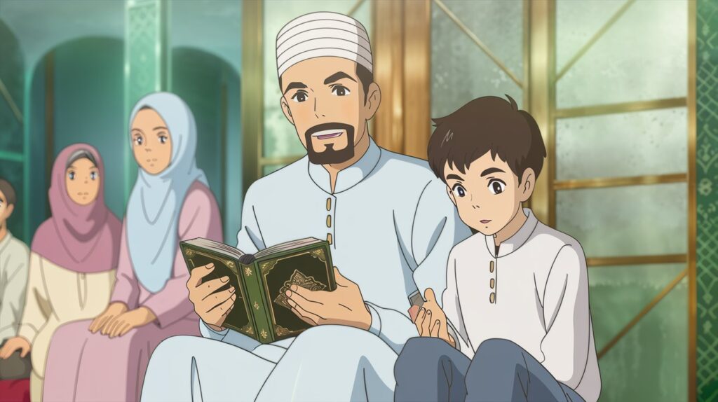 A Muslim family sitting together after Fajr prayer, children reciting Qur’an with their father holding a mushaf.