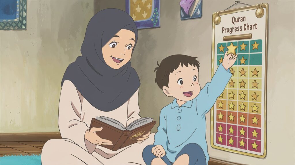 Mother supporting Quran education for kids by celebrating Surah memorization with a gold star on a colorful progress chart at home.