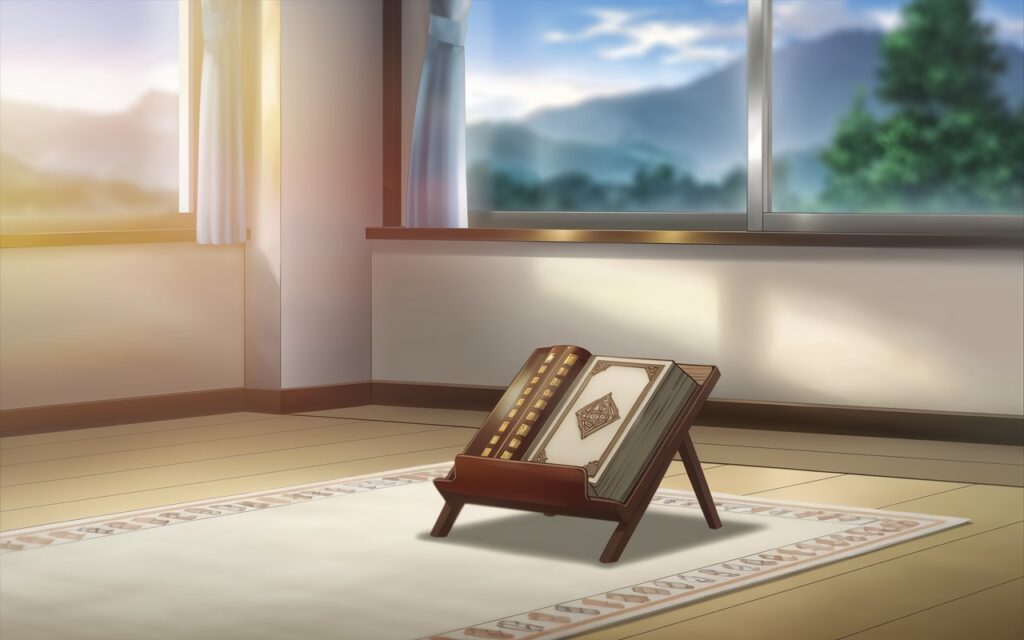 Soft sunrise light shines on a Quran placed on a wooden stand with a prayer rug, symbolizing the best time to learn Quran in a peaceful early morning setting.