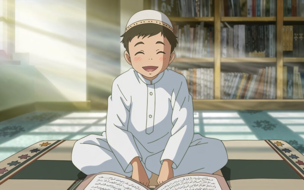 Young Muslim boy in a white thobe reciting Quran after Fajr, showing the best time to learn Quran during early morning hours filled with barakah