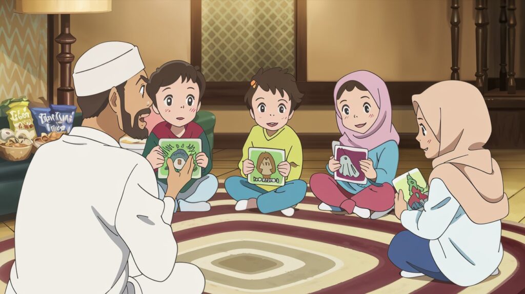 Parent teaching child about Prophet Muhammad ﷺ through storytime.
