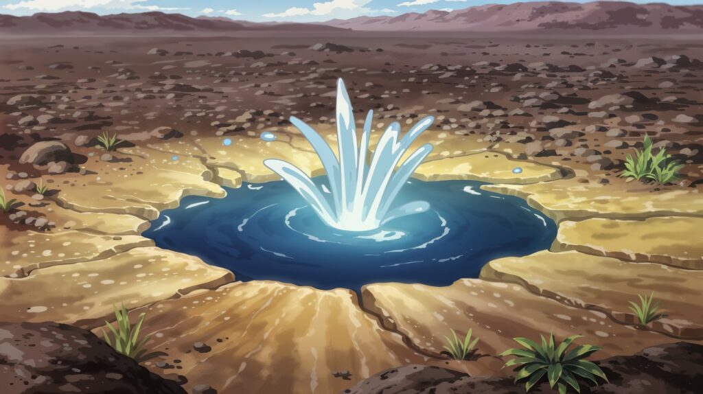 Visual of water springing from the ground with bright golden light, representing Allah’s mercy to Prophet Ayyub after years of patience.