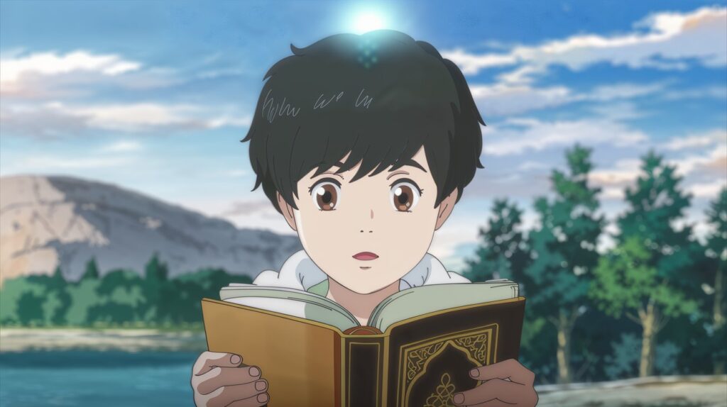 Illustration of a young boy reading the Qur’an with a glowing light above, symbolizing patience in Prophet Ayyub’s story.